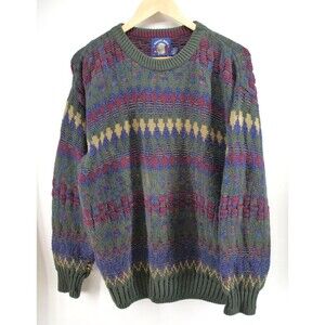 Vintage Salty Dog Gant Sweater Mens Medium Green Multicolored Cable Crew‎ 90s